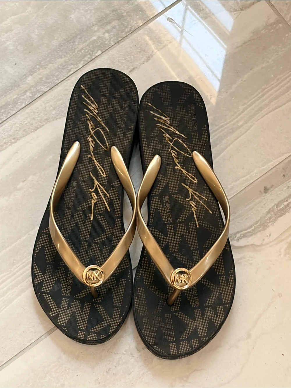 Michael Kors Black and Gold Signature Logo Thong Sandals